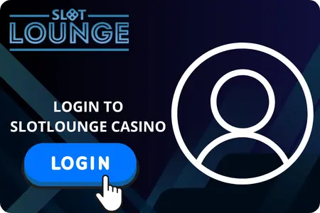SlotLounge Casino login screen with blue LOGIN button and user icon